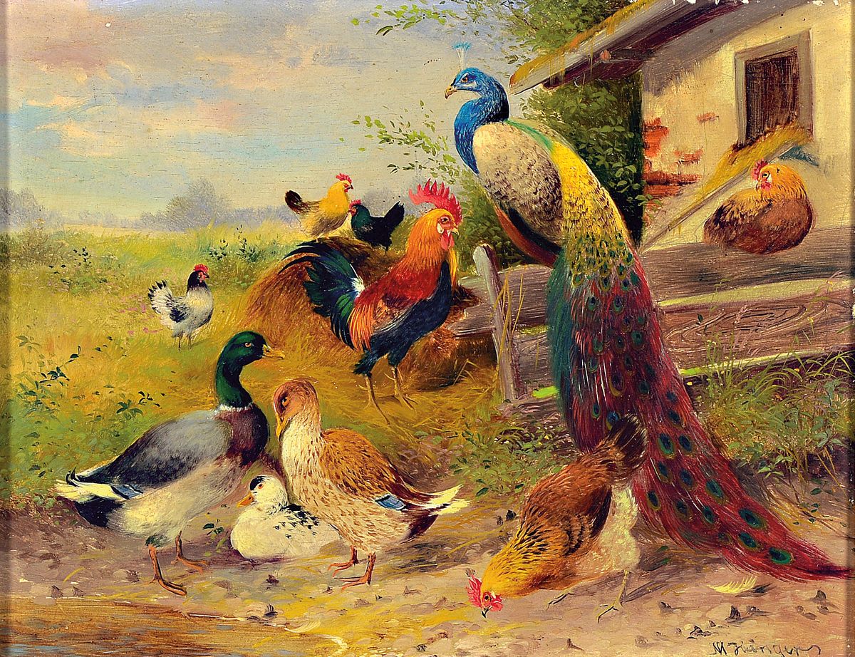 Max Hängar I, 1874 München - 1941 Fürstenfeldbruck, Hühnerhof mit Enten, Hühner und Pfau, signiert, Öl/Holzplatte, Rahmen, 18x23/31x36 cm