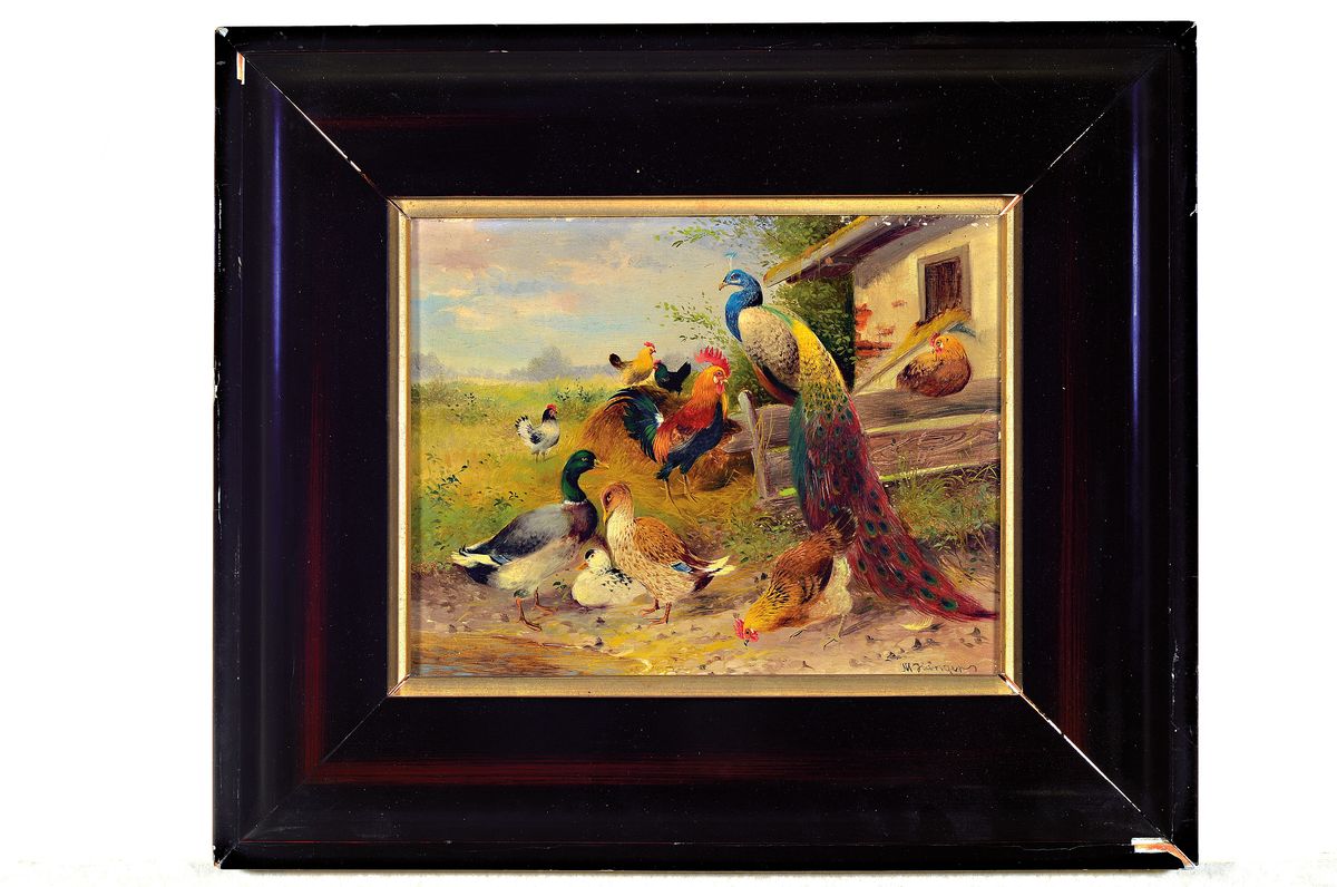Detail k: Max Hängar I, 1874 München - 1941 Fürstenfeldbruck, Hühnerhof mit Enten, Hühner und Pfau, signiert, Öl/Holzplatte, Rahmen, 18x23/31x36 cm