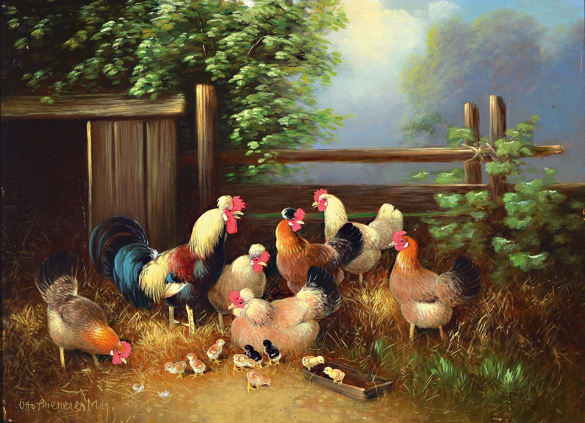 Otto Scheuerer, 1862-1934 München, Hühnerhof, Öl/Karton, signiert, Rahmen 37x48 cm