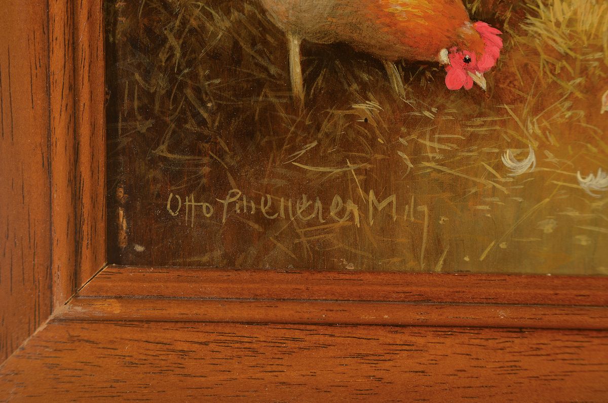 Detail a: Otto Scheuerer, 1862-1934 München, Hühnerhof, Öl/Karton, signiert, Rahmen 37x48 cm