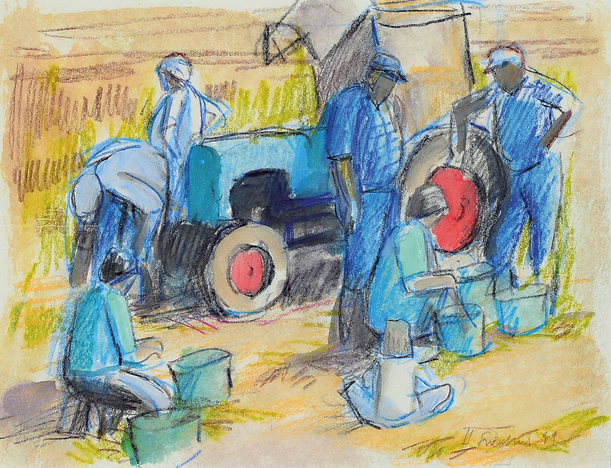 Detail a: Heinz Friedrich, 1924-2018 Schwetzingen, Studium an der Akademie Karlsruhe bei Laible und Schnarrenberger, hier: 2 Bunststift- Zeichnungen, Auf dem ...