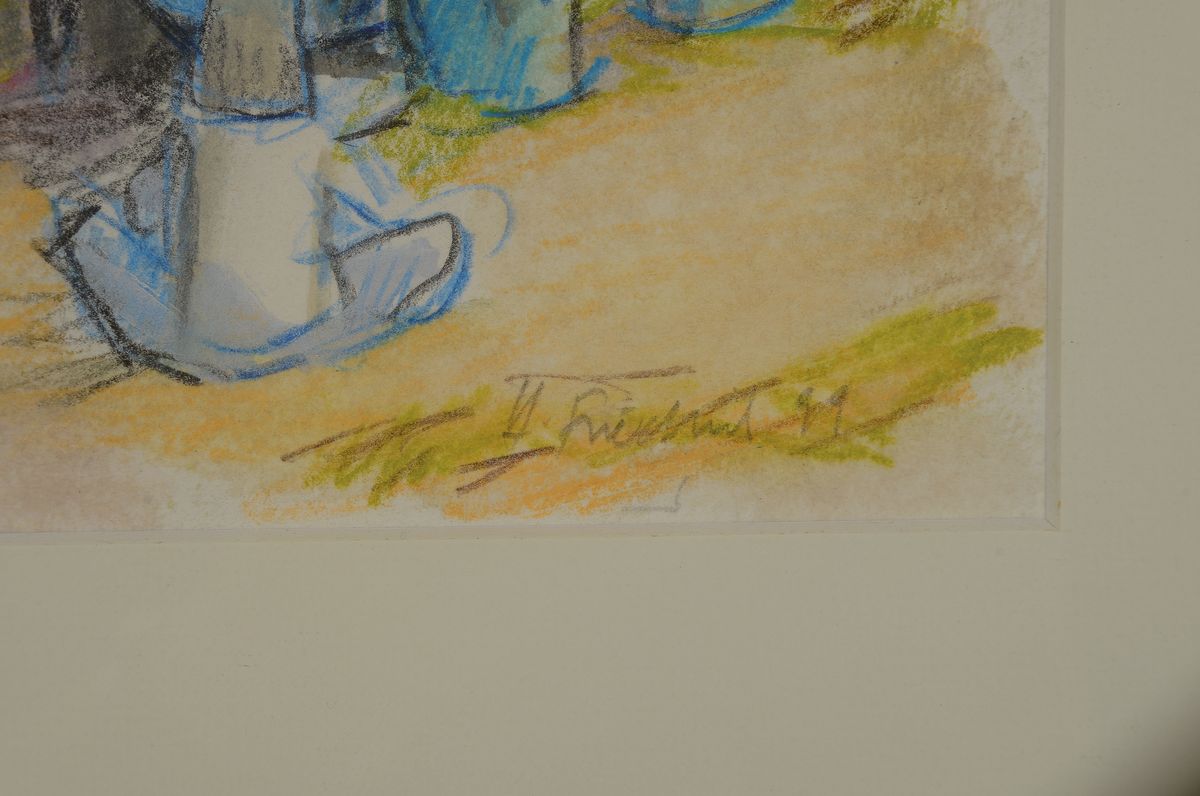 Detail b: Heinz Friedrich, 1924-2018 Schwetzingen, Studium an der Akademie Karlsruhe bei Laible und Schnarrenberger, hier: 2 Bunststift- Zeichnungen, Auf dem ...