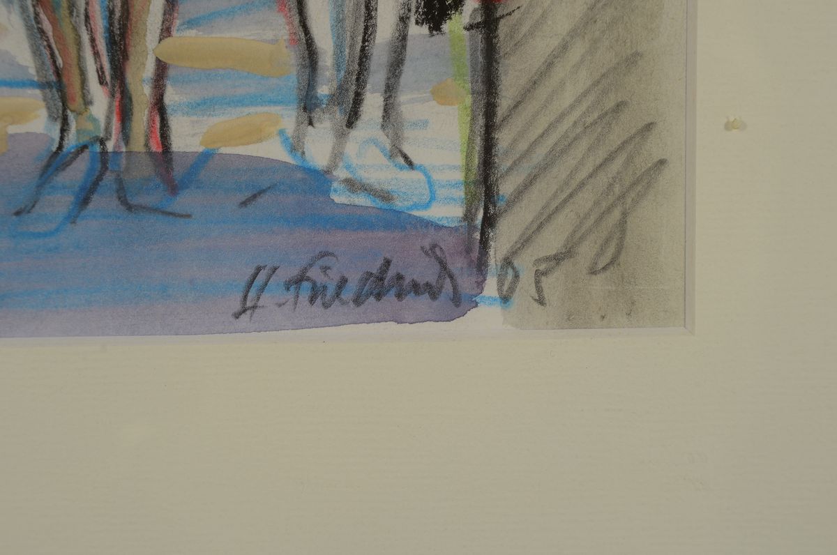 Detail c: Heinz Friedrich, 1924-2018 Schwetzingen, Studium an der Akademie Karlsruhe bei Laible und Schnarrenberger, hier: 2 Bunststift- Zeichnungen, Auf dem ...