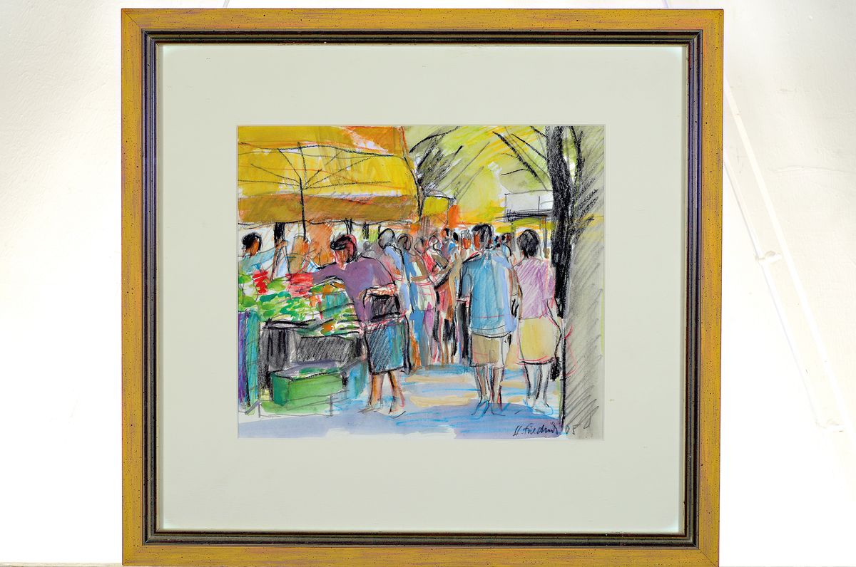 Detail k: Heinz Friedrich, 1924-2018 Schwetzingen, Studium an der Akademie Karlsruhe bei Laible und Schnarrenberger, hier: 2 Bunststift- Zeichnungen, Auf dem ...