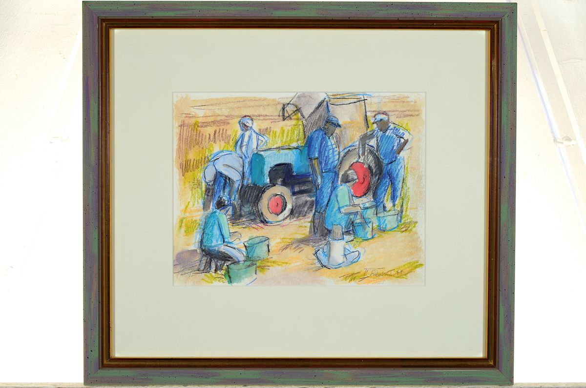 Detail l: Heinz Friedrich, 1924-2018 Schwetzingen, Studium an der Akademie Karlsruhe bei Laible und Schnarrenberger, hier: 2 Bunststift- Zeichnungen, Auf dem ...