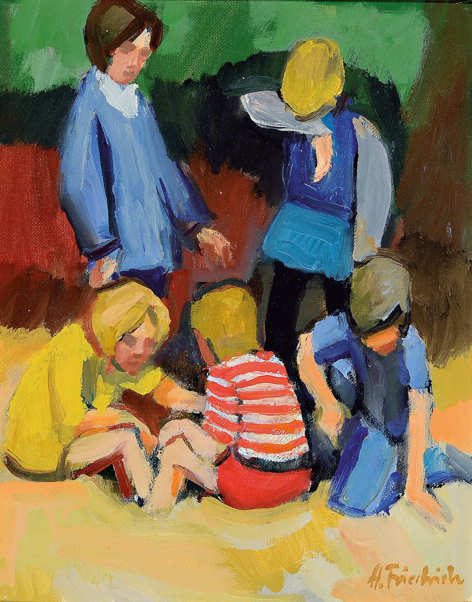 Heinz Friedrich, 1924-2018 Schwetzingen, Studium an der Akademie Karlsruhe bei Laible und Schnarrenberger, hier: Spielende Kinder, Öl/Malkarton, ...