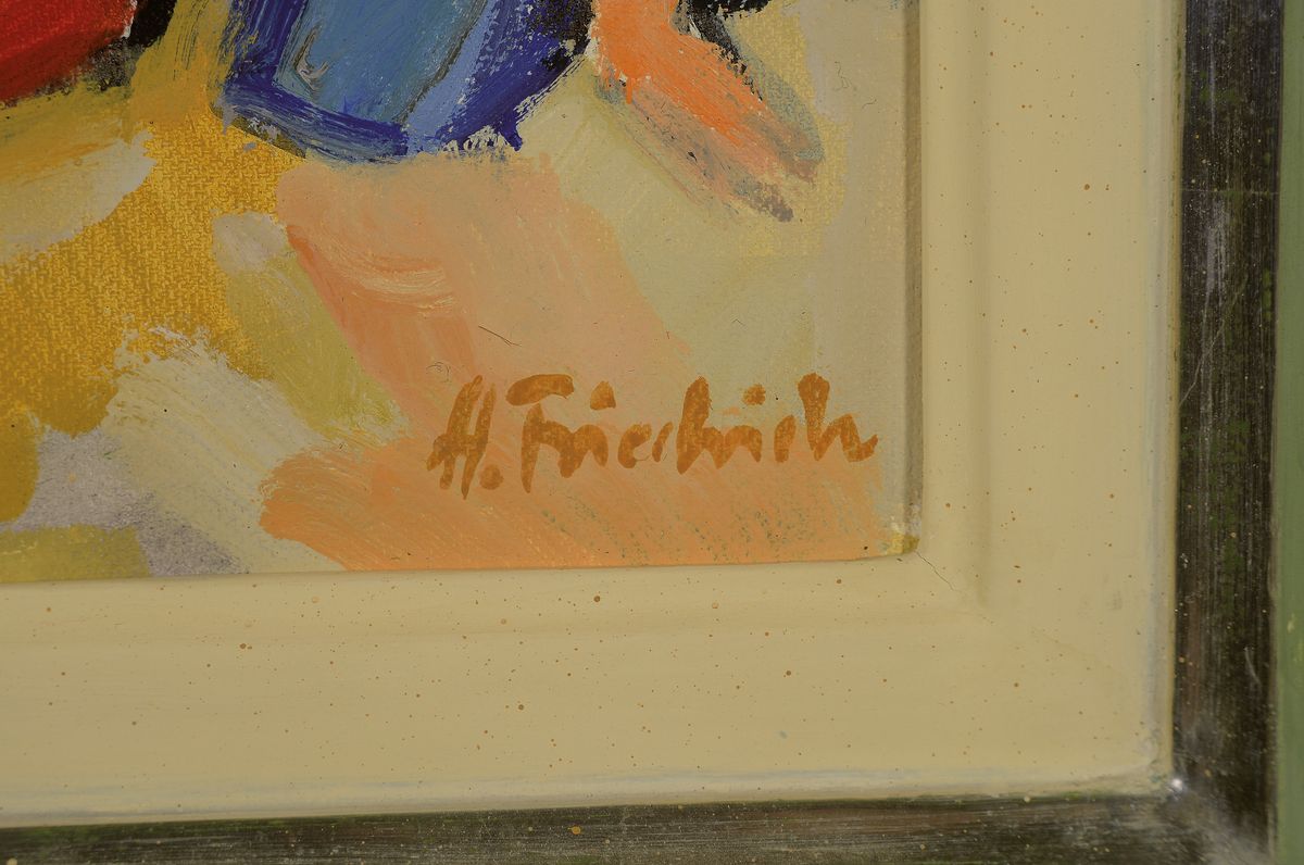 Detail a: Heinz Friedrich, 1924-2018 Schwetzingen, Studium an der Akademie Karlsruhe bei Laible und Schnarrenberger, hier: Spielende Kinder, Öl/Malkarton, ...