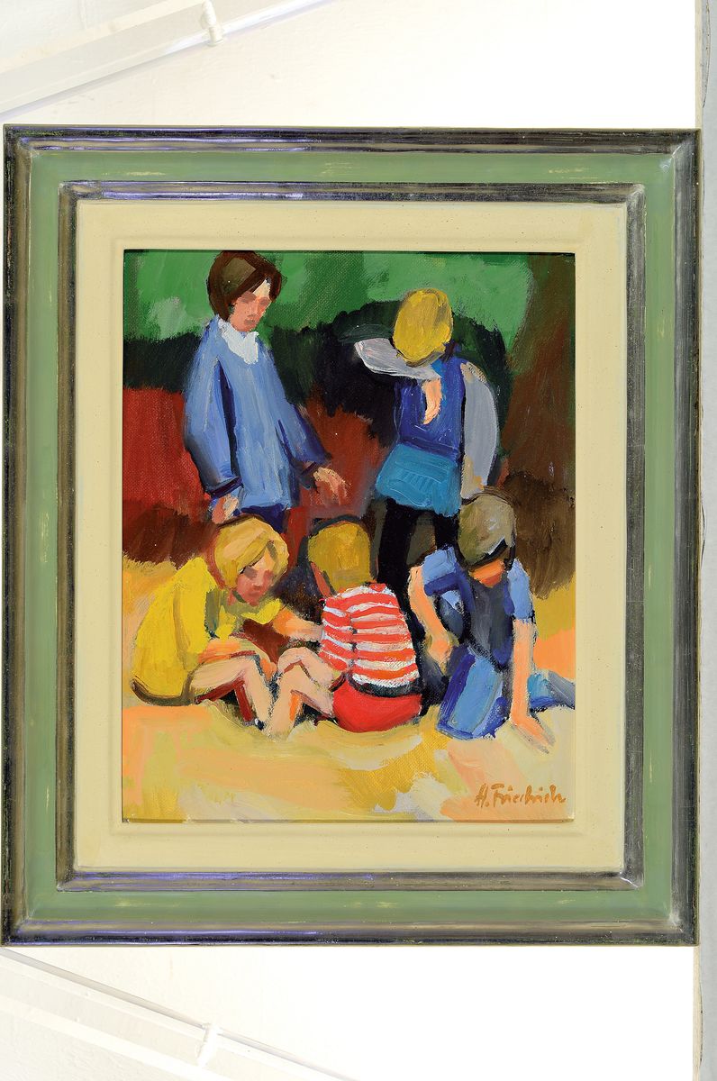 Detail k: Heinz Friedrich, 1924-2018 Schwetzingen, Studium an der Akademie Karlsruhe bei Laible und Schnarrenberger, hier: Spielende Kinder, Öl/Malkarton, ...