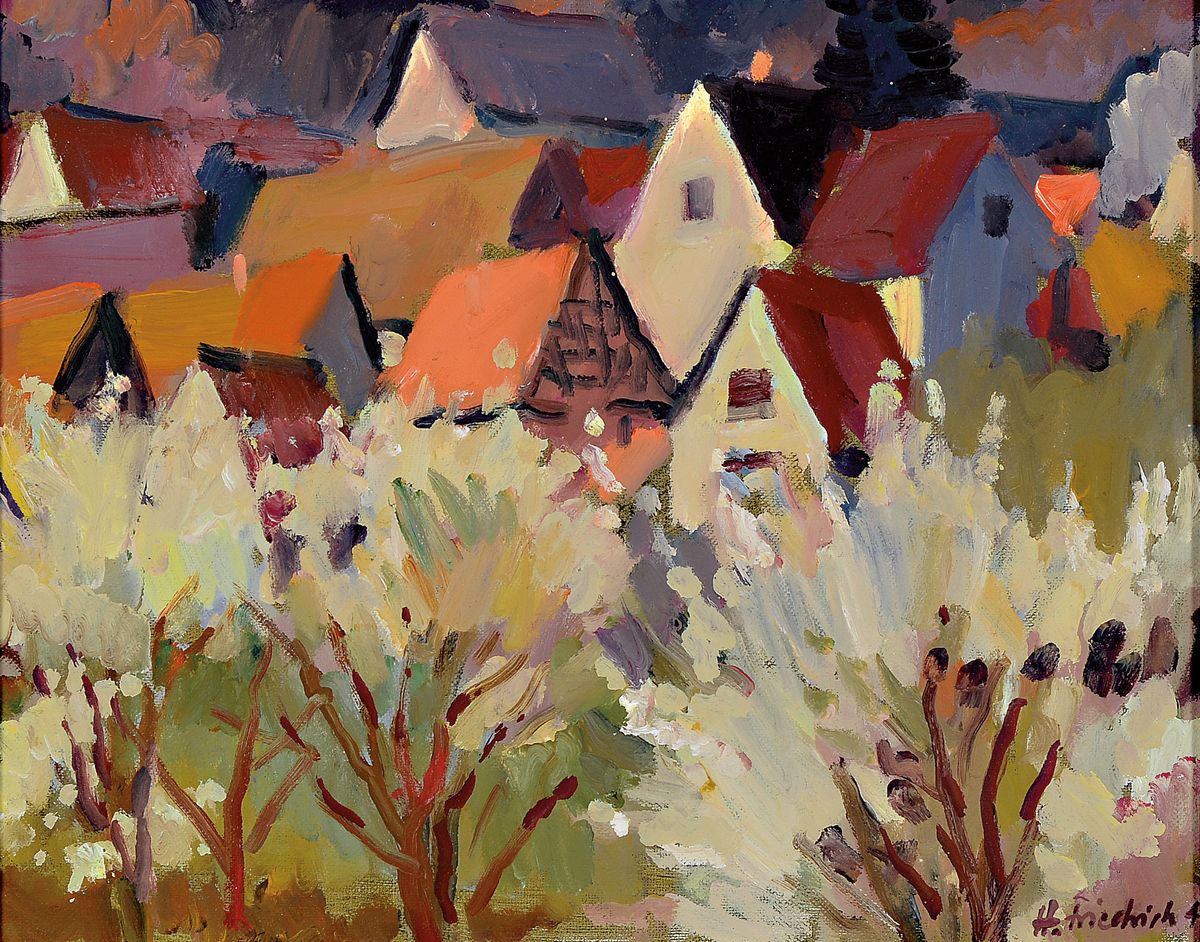 Detail a: Heinz Friedrich, 1924-2018 Schwetzingen, Studium an der Akademie Karlsruhe bei Laible und Schnarrenberger, hier: 2 Stadtansichten, 1x Öl/Malkarton, ...
