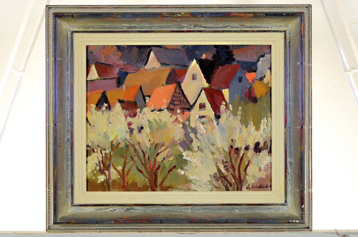 Detail l: Heinz Friedrich, 1924-2018 Schwetzingen, Studium an der Akademie Karlsruhe bei Laible und Schnarrenberger, hier: 2 Stadtansichten, 1x Öl/Malkarton, ...