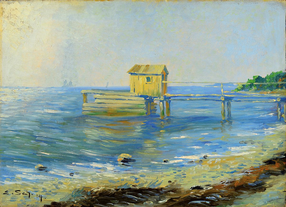 E. Sch., datiert (19)14, Badesteg am Strand,signniert, Öl/Lwd, ungerahmt 40x30 cm