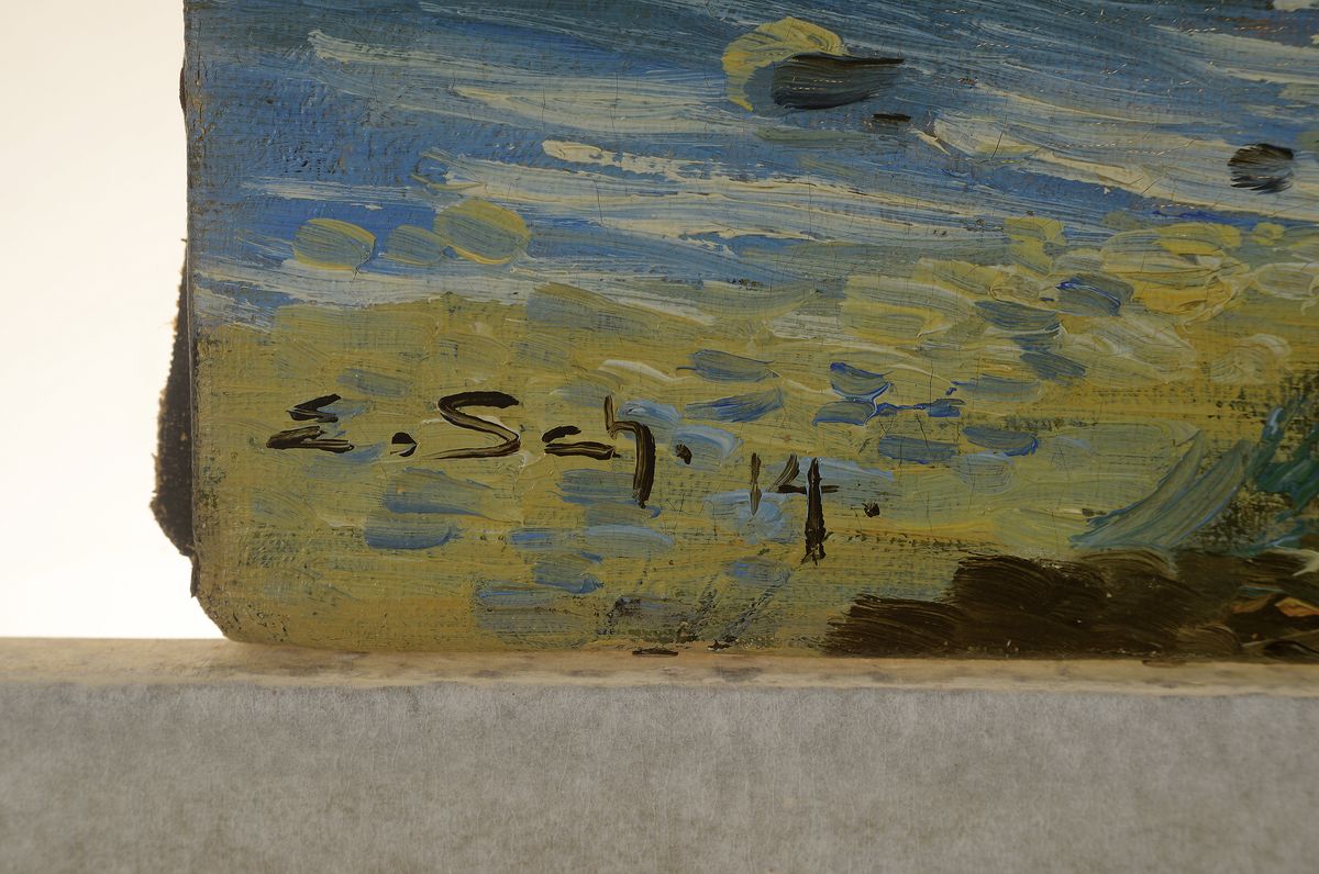 Detail a: E. Sch., datiert (19)14, Badesteg am Strand,signniert, Öl/Lwd, ungerahmt 40x30 cm