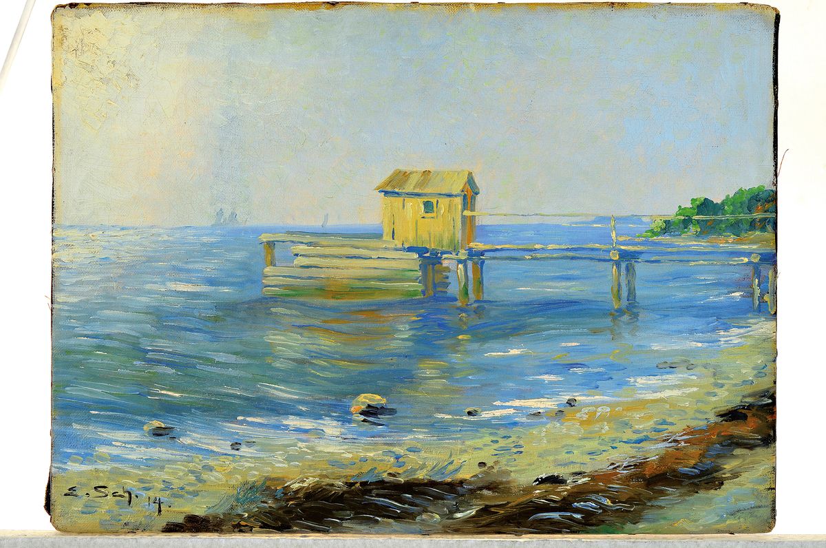 Detail k: E. Sch., datiert (19)14, Badesteg am Strand,signniert, Öl/Lwd, ungerahmt 40x30 cm
