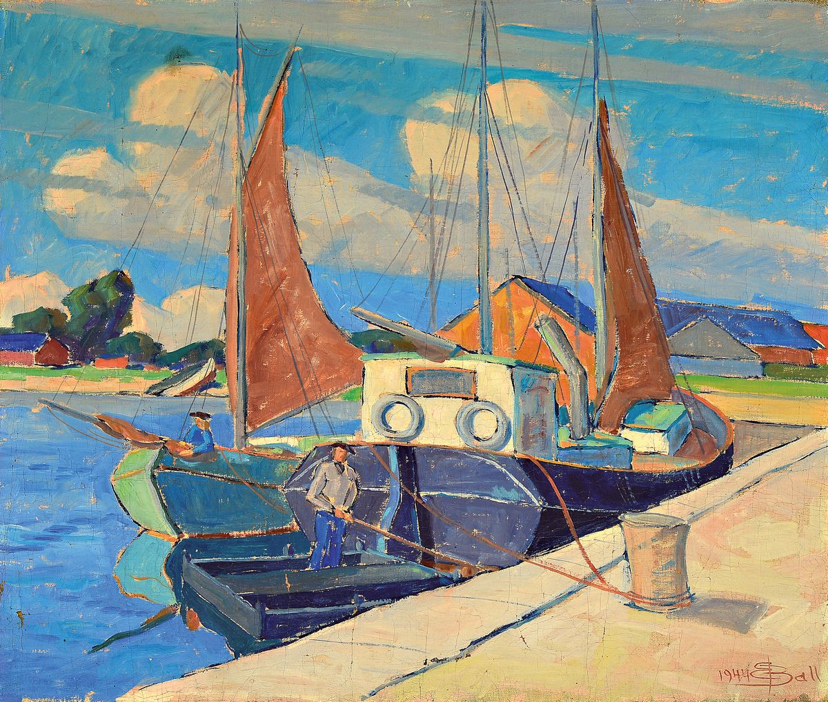 Borge Ball, 1906-1979, dänischer Maler, Hafenszene, signiert und datiert 1944, Öl/Lwd,Rahmen 73x84 cm