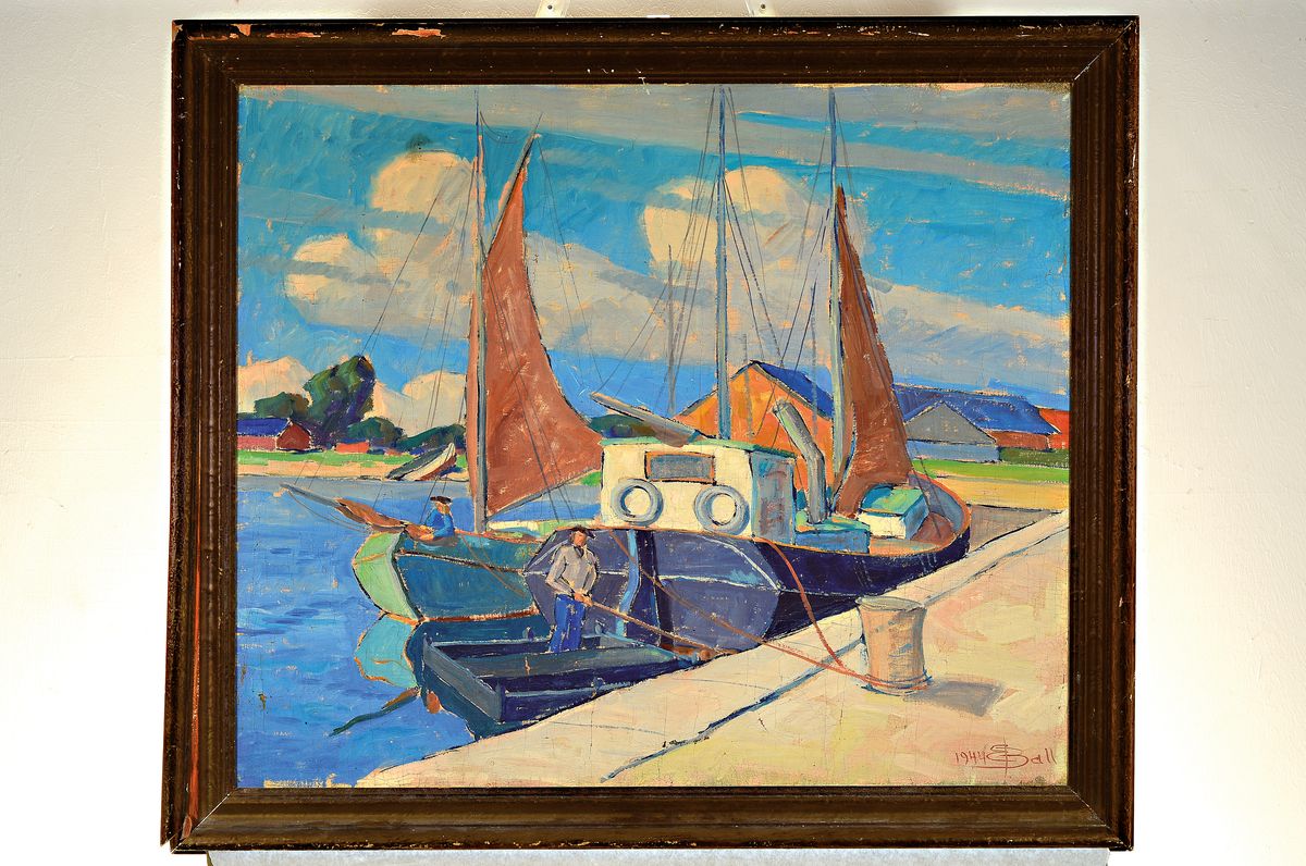 Detail k: Borge Ball, 1906-1979, dänischer Maler, Hafenszene, signiert und datiert 1944, Öl/Lwd,Rahmen 73x84 cm