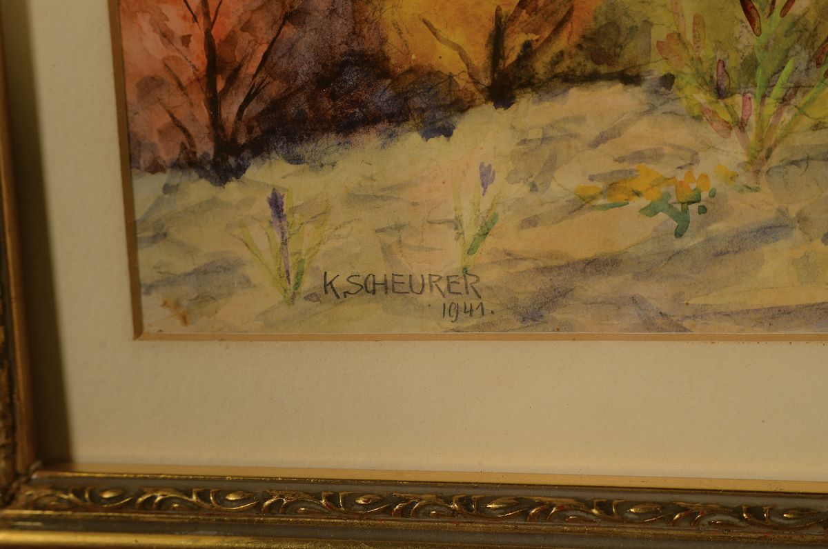 Detail a: K. Scheurer, 20.Jh., Blick ins Tal, am Horizont Umrisse einer Großstadt, Aquarell, signiert und datiert 1941, unter PP und Glas gerahmt 54x48 cm