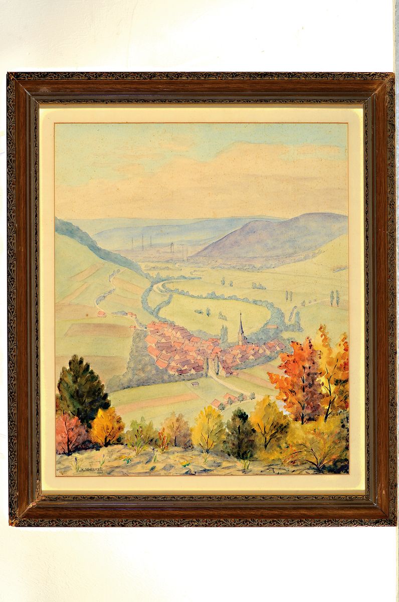 Detail k: K. Scheurer, 20.Jh., Blick ins Tal, am Horizont Umrisse einer Großstadt, Aquarell, signiert und datiert 1941, unter PP und Glas gerahmt 54x48 cm