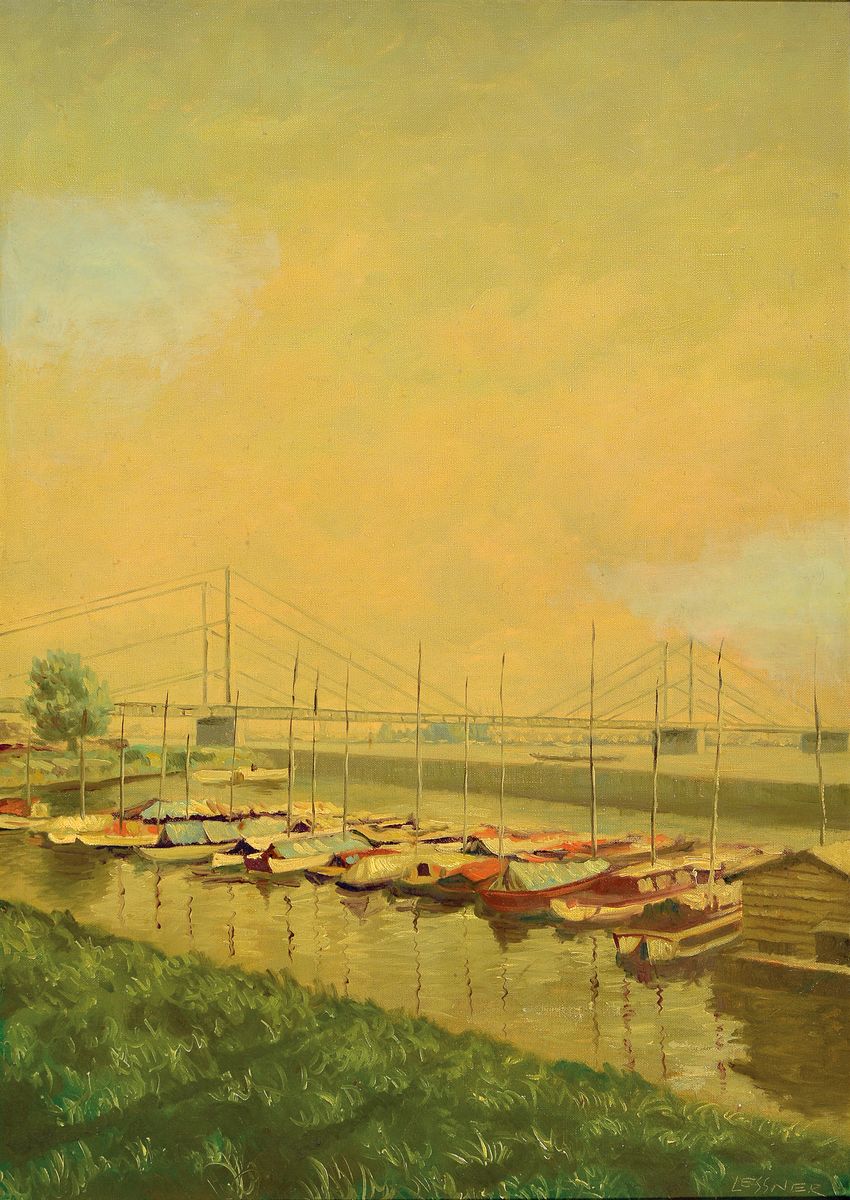 Lessner, 20.Jh., Rheinbrücke mit Hafen, Theodor-Heuss-Brücke Düsseldorf, Öl/Lwd, signiert, Rahmen 78x57 cm