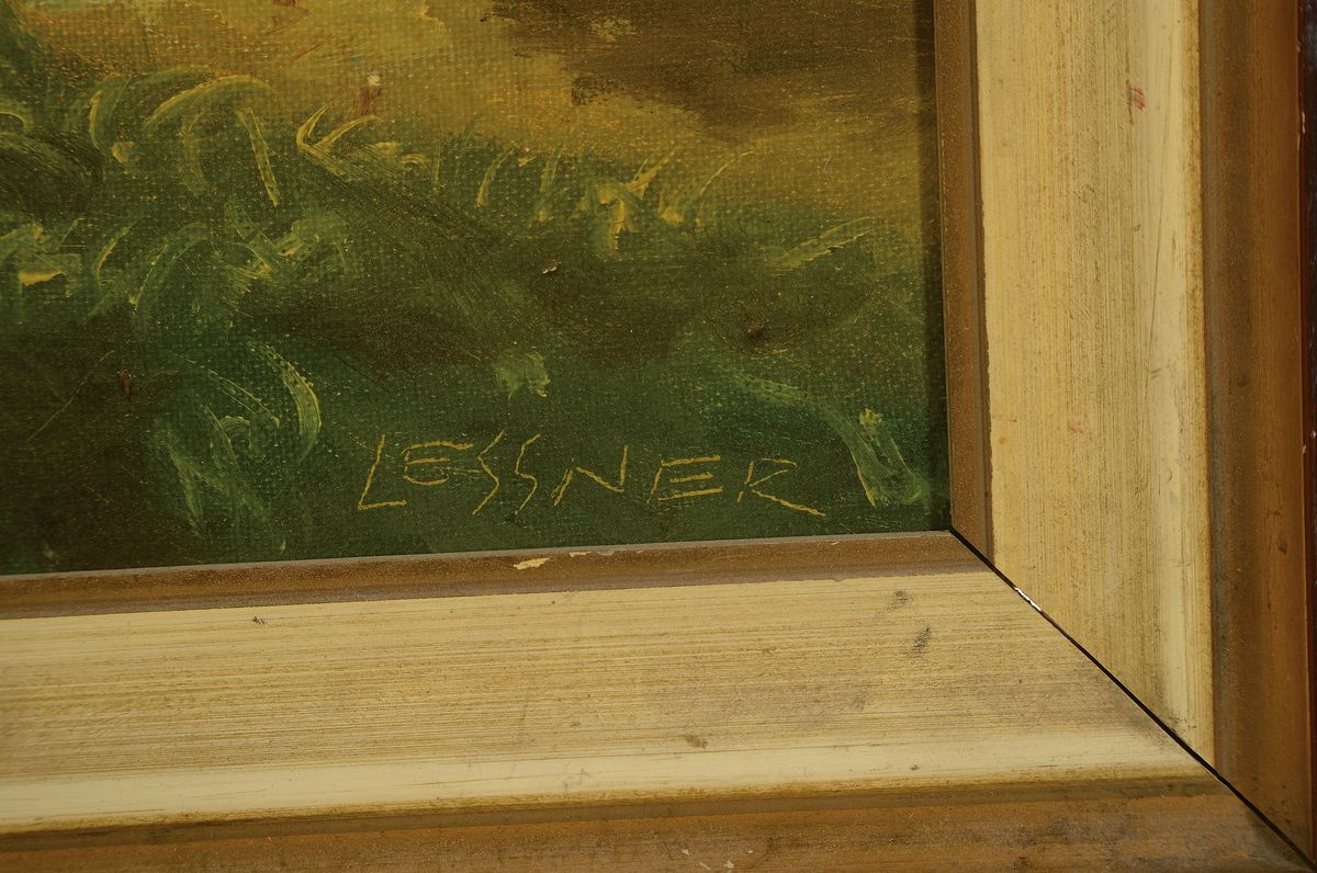 Detail a: Lessner, 20.Jh., Rheinbrücke mit Hafen, Theodor-Heuss-Brücke Düsseldorf, Öl/Lwd, signiert, Rahmen 78x57 cm