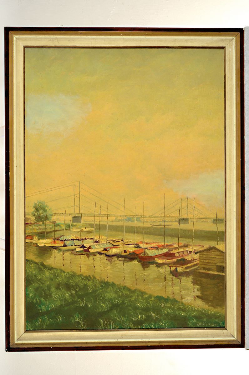 Detail k: Lessner, 20.Jh., Rheinbrücke mit Hafen, Theodor-Heuss-Brücke Düsseldorf, Öl/Lwd, signiert, Rahmen 78x57 cm