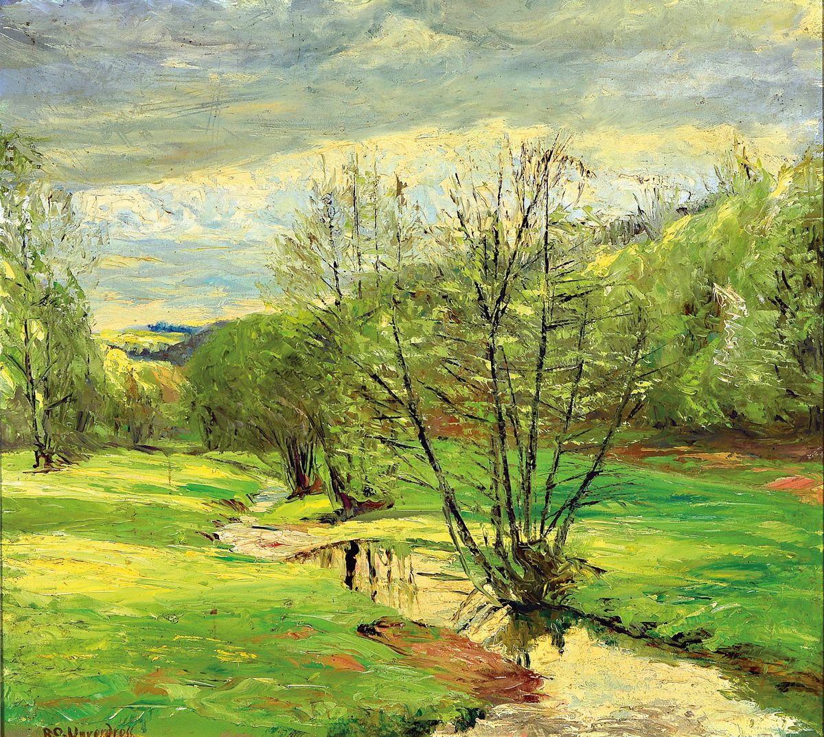 Raphael Oskar Unverdross, 1873-1952 Düsseldorf, sommerliche Flusslandschaft, signiert, Öl/Lwd, Rahmen 68x74 cm