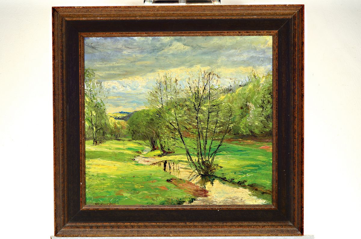 Detail k: Raphael Oskar Unverdross, 1873-1952 Düsseldorf, sommerliche Flusslandschaft, signiert, Öl/Lwd, Rahmen 68x74 cm