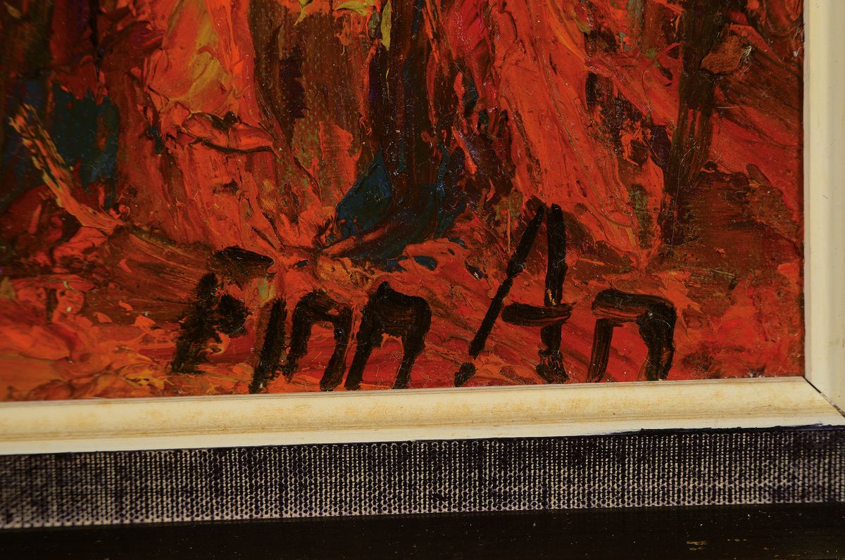 Detail a: Finn Andersen, 1909-1987, dänischer Maler, herbstliche Waldlandschaft, expressiver Duktus,pastoser Farbauftrag, signiert Finn An,rückseitig datiert ...