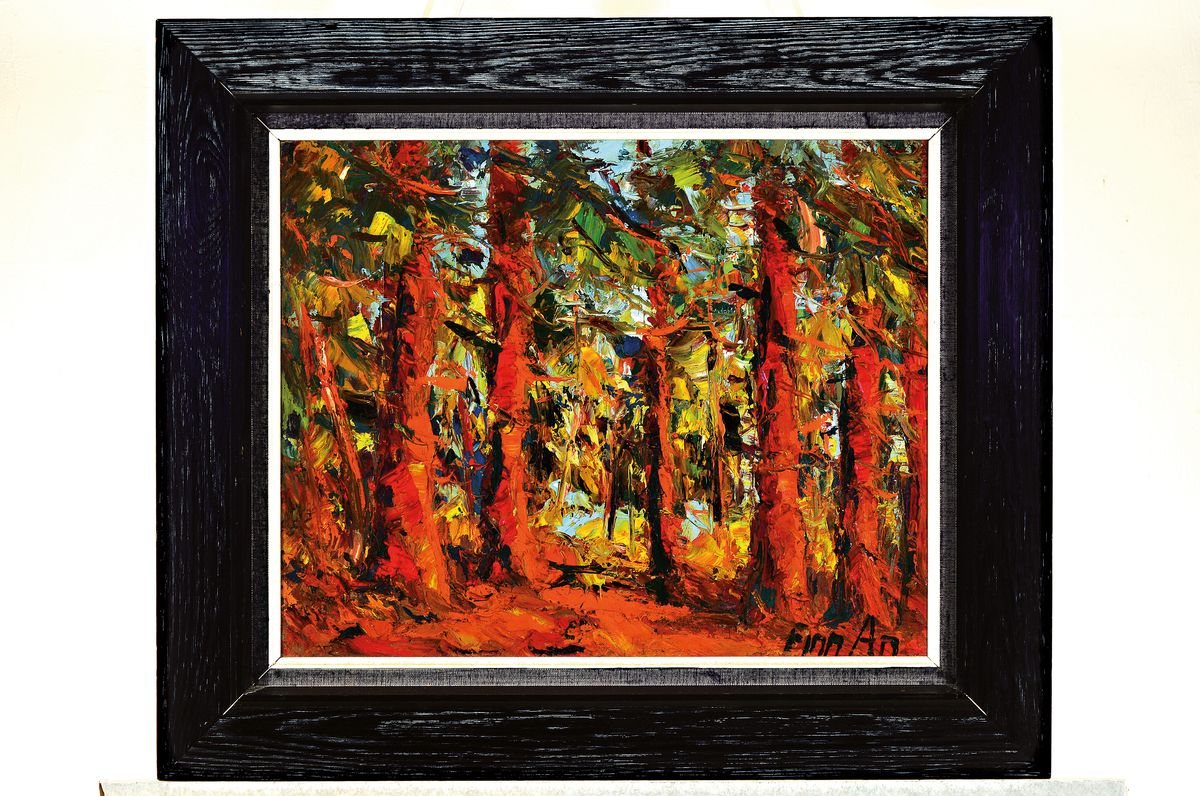 Detail k: Finn Andersen, 1909-1987, dänischer Maler, herbstliche Waldlandschaft, expressiver Duktus,pastoser Farbauftrag, signiert Finn An,rückseitig datiert ...