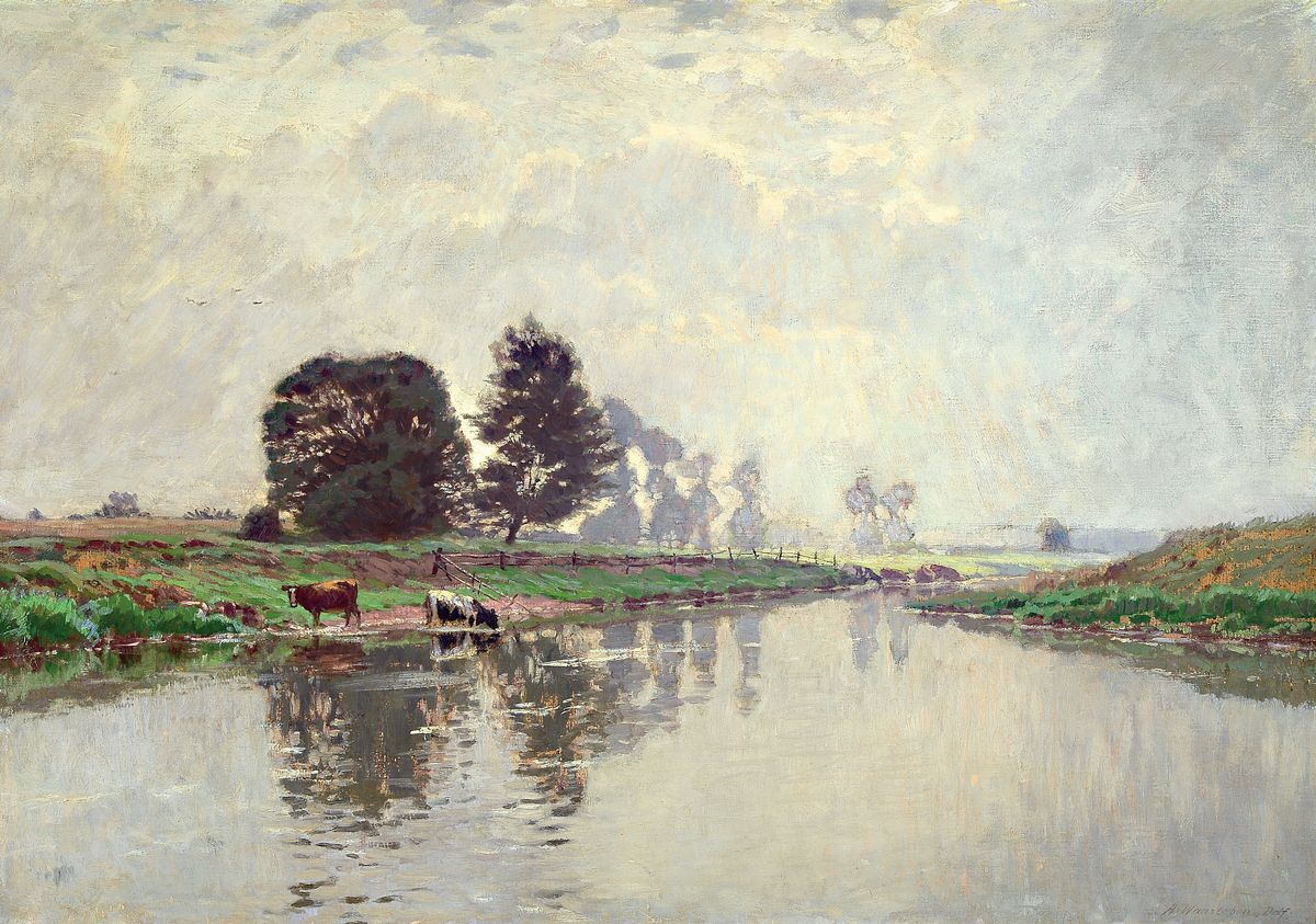 Arthur Wansleben, 1861 Krefeld-1917 Düsseldorf, Niederrheinische Flusslandschaft, "Augustmorgen" so verso bez., rechts unten signiert, ...