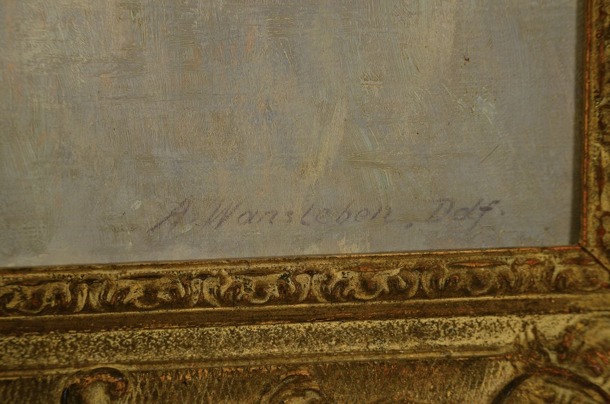 Detail a: Arthur Wansleben, 1861 Krefeld-1917 Düsseldorf, Niederrheinische Flusslandschaft, "Augustmorgen" so verso bez., rechts unten signiert, ...
