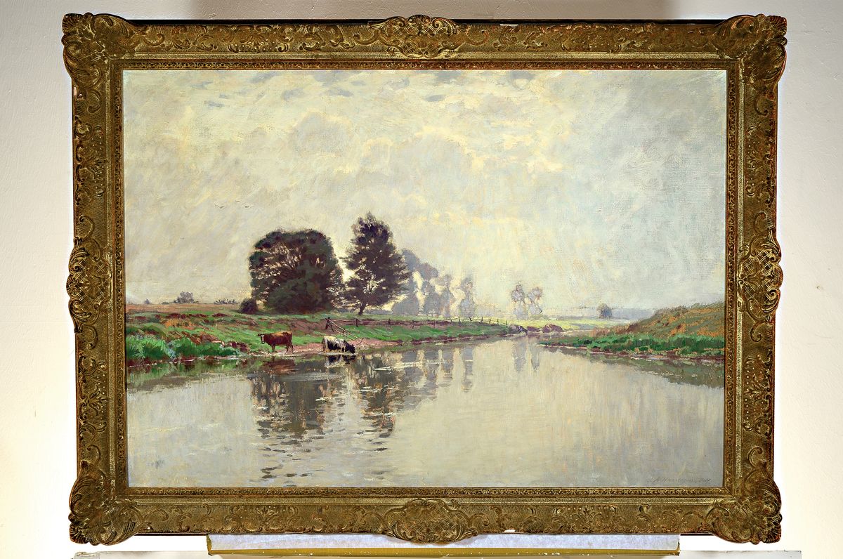 Detail k: Arthur Wansleben, 1861 Krefeld-1917 Düsseldorf, Niederrheinische Flusslandschaft, "Augustmorgen" so verso bez., rechts unten signiert, ...