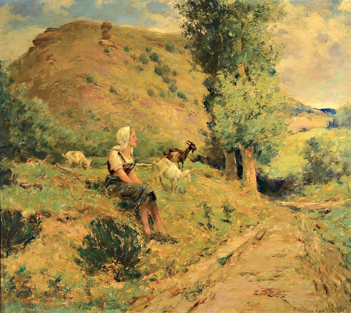 Wilhelm Heinrich Burger-Willing, 1882 Köln -1969 Untermaubach, Ziegenhirtin am Wegesrand, rechts unten signiert, Öl/Lwd, 90x100 cm, Prunkrahmen ...