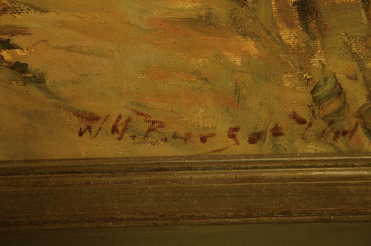 Detail a: Wilhelm Heinrich Burger-Willing, 1882 Köln -1969 Untermaubach, Ziegenhirtin am Wegesrand, rechts unten signiert, Öl/Lwd, 90x100 cm, Prunkrahmen ...