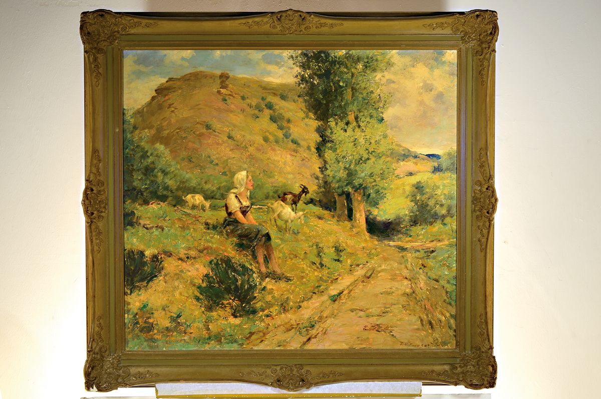 Detail k: Wilhelm Heinrich Burger-Willing, 1882 Köln -1969 Untermaubach, Ziegenhirtin am Wegesrand, rechts unten signiert, Öl/Lwd, 90x100 cm, Prunkrahmen ...