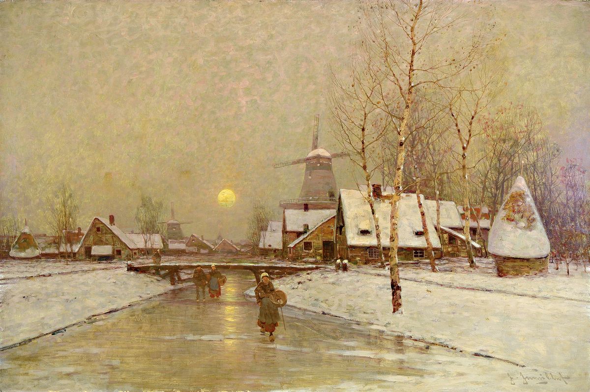 Johann Jungbluth, 1860 Saarburg - 1912 Düsseldorf, winterlicher Kanal mit verhangenem Himmel, Öl/Lwd, rechts unten signiert, 80x120 cm, Rahmen ...
