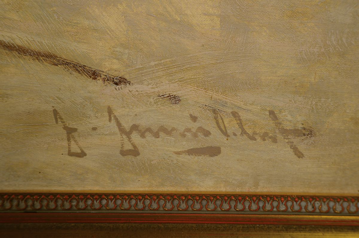 Detail a: Johann Jungbluth, 1860 Saarburg - 1912 Düsseldorf, winterlicher Kanal mit verhangenem Himmel, Öl/Lwd, rechts unten signiert, 80x120 cm, Rahmen ...