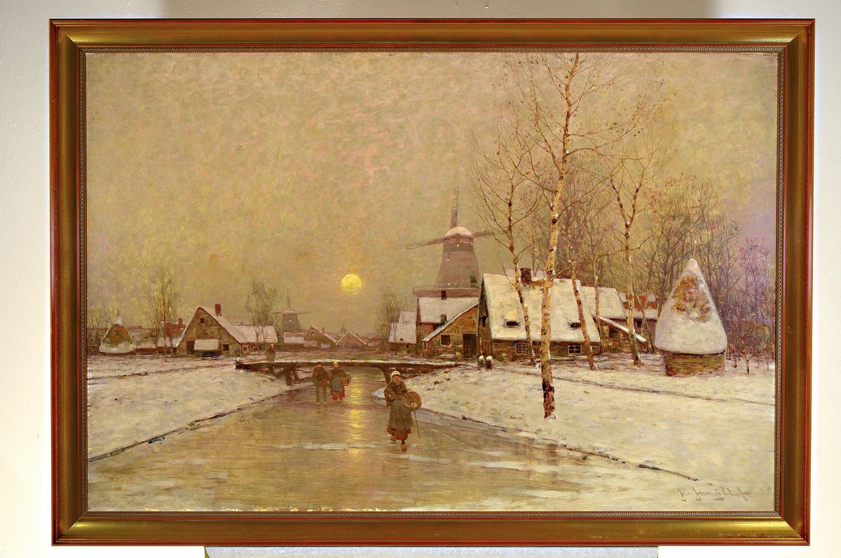 Detail k: Johann Jungbluth, 1860 Saarburg - 1912 Düsseldorf, winterlicher Kanal mit verhangenem Himmel, Öl/Lwd, rechts unten signiert, 80x120 cm, Rahmen ...