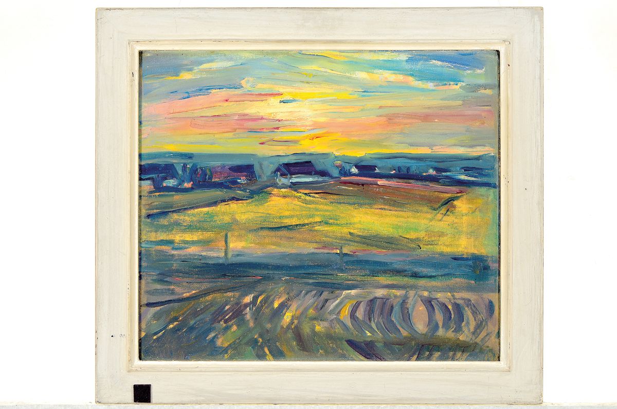 Detail k: Unbekannter Künstler, 20.Jh., Sonnenaufgang über dörflicher Landschaft, unsigniert, Öl/Lwd, Rahmen 45x50 cm