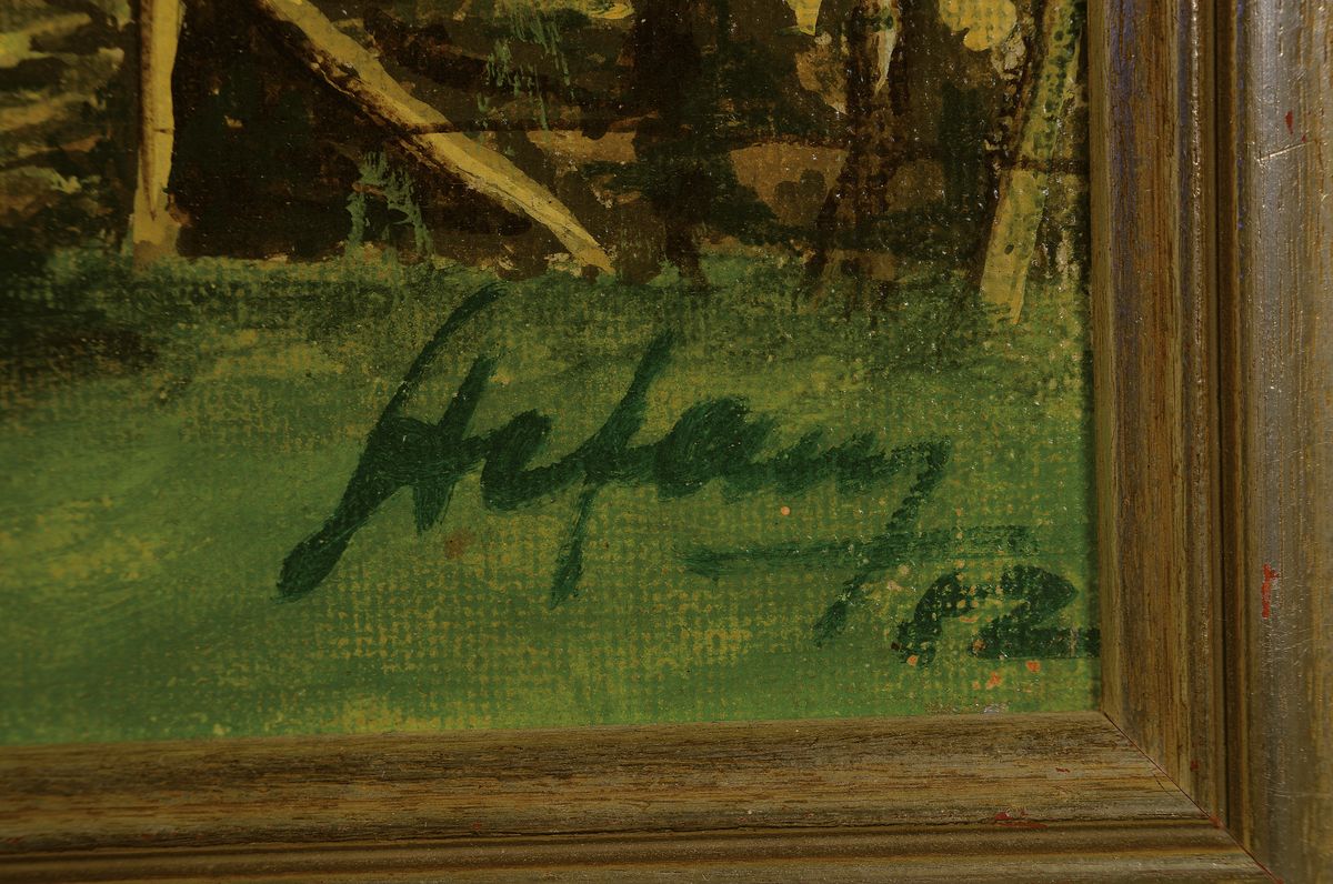 Detail a: Ungedeuteter Künstler, 20.Jh., Waldlandschaft mit geöffnetem Gatter, signiertund datiert 12, Öl/Masonit, Rahmen 39x49 cm