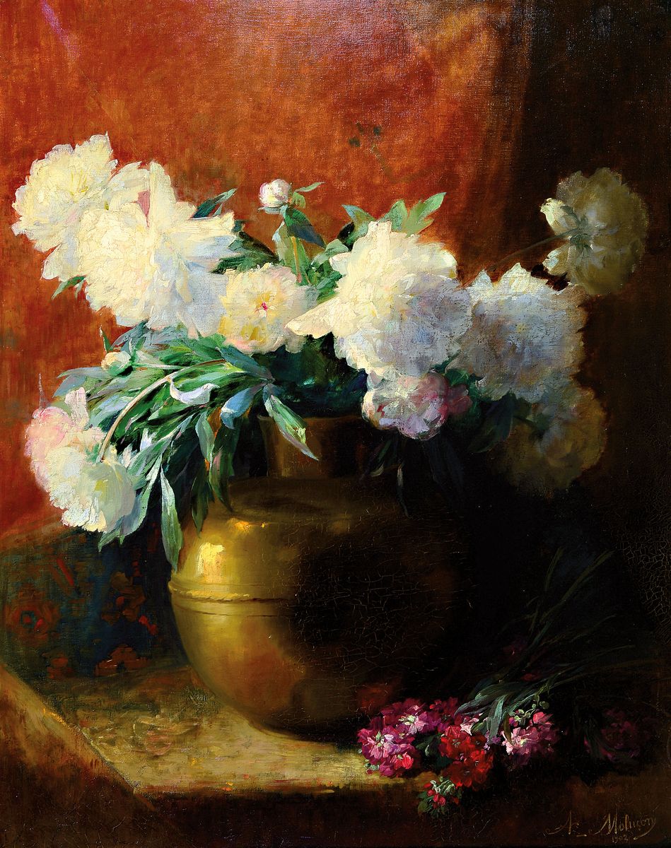 Alphonse Molucon, 1882-1903, bekannter französischer Maler von Blumen und Stillleben,hier: Stillleben mit weißen Pfingstrosen in Messingvase, ...