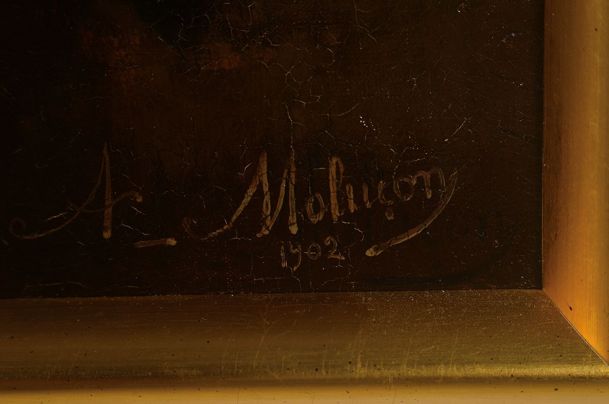 Detail a: Alphonse Molucon, 1882-1903, bekannter französischer Maler von Blumen und Stillleben,hier: Stillleben mit weißen Pfingstrosen in Messingvase, ...