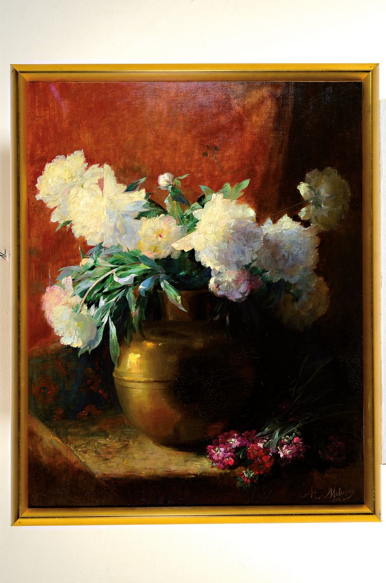 Detail k: Alphonse Molucon, 1882-1903, bekannter französischer Maler von Blumen und Stillleben,hier: Stillleben mit weißen Pfingstrosen in Messingvase, ...