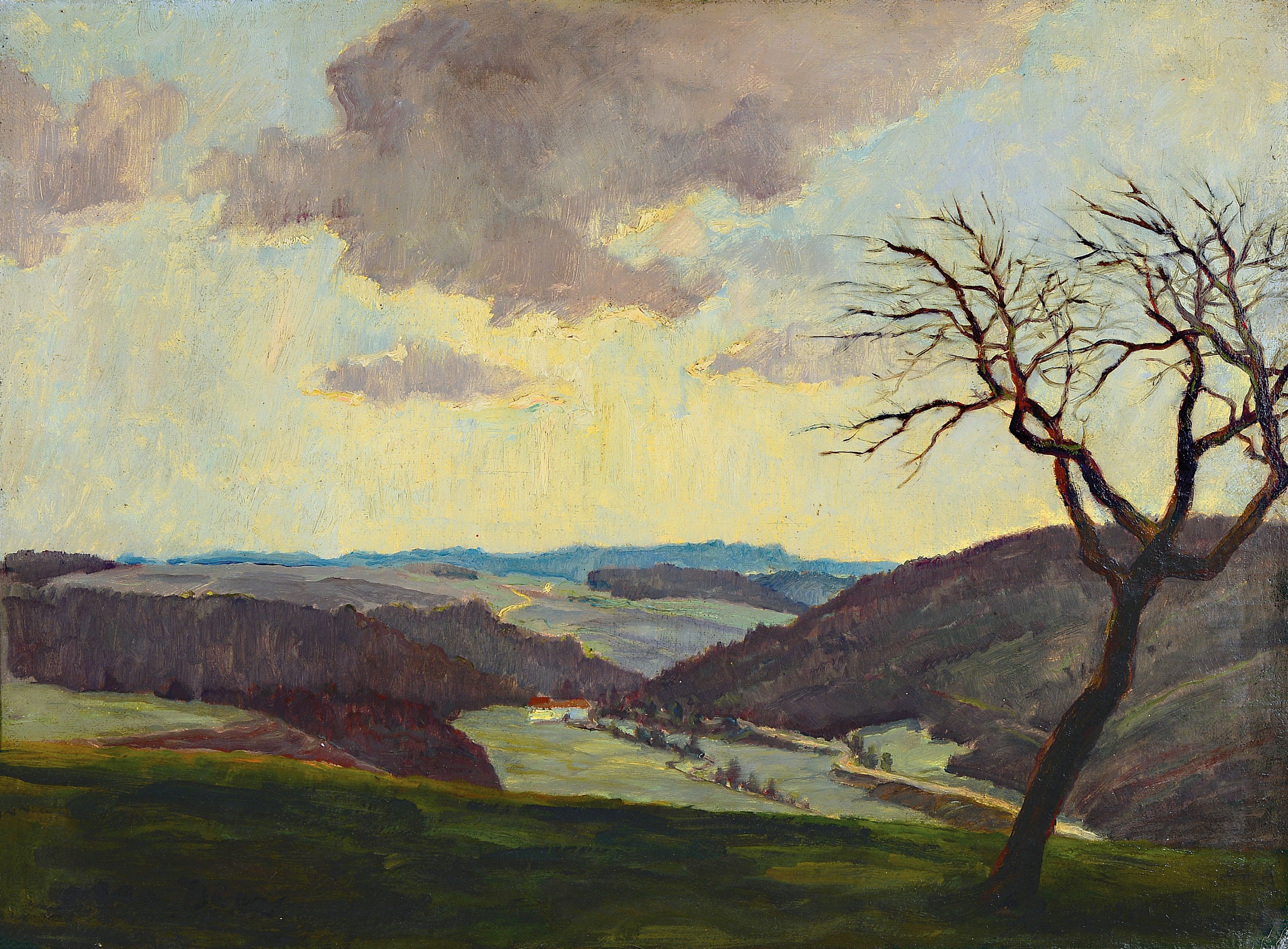 Otto Dill, 1884 Neustadt an der Weinstrasse- 1957 Bad Dürkheim, Gewitterstimmung über weiter Landschaft, Öl/Lwd, links unten signiert, rückseitig ...