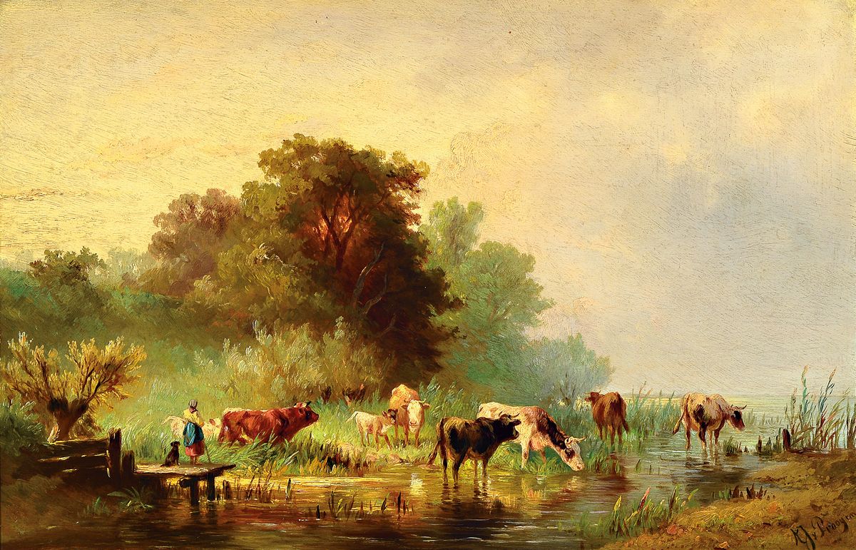 Albert Jurardus van Prooyen, 1834 Groningen -1898 Amsterdam, 2 Pendants: Landschaften mit Kühen am Feldweg bzw. am Wasser, Öl/Holz, beide signiert, ...