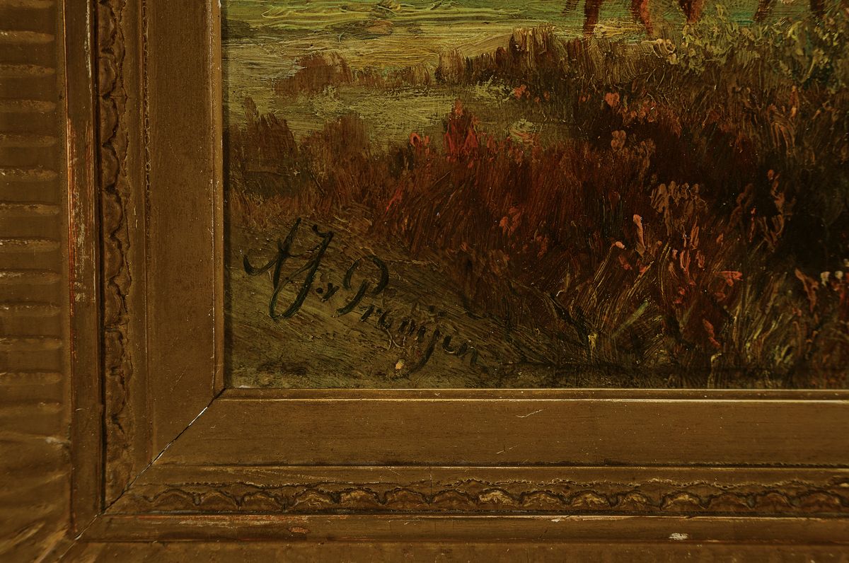 Detail a: Albert Jurardus van Prooyen, 1834 Groningen -1898 Amsterdam, 2 Pendants: Landschaften mit Kühen am Feldweg bzw. am Wasser, Öl/Holz, beide signiert, ...