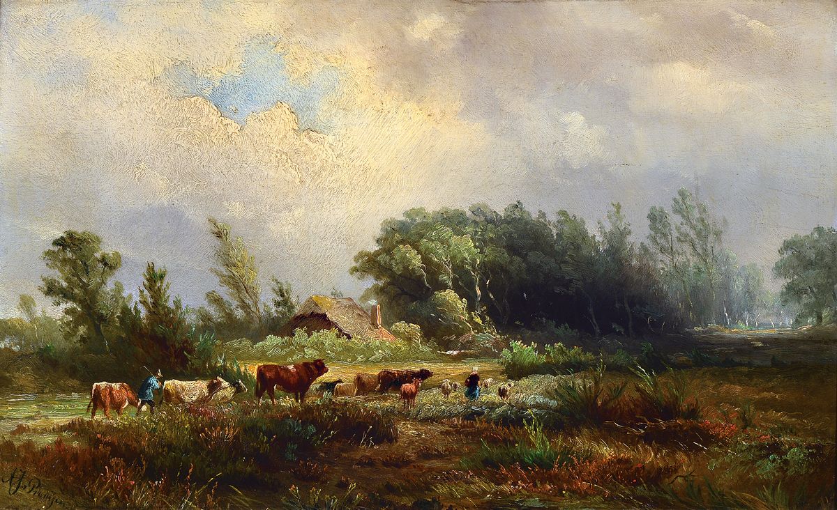 Detail b: Albert Jurardus van Prooyen, 1834 Groningen -1898 Amsterdam, 2 Pendants: Landschaften mit Kühen am Feldweg bzw. am Wasser, Öl/Holz, beide signiert, ...