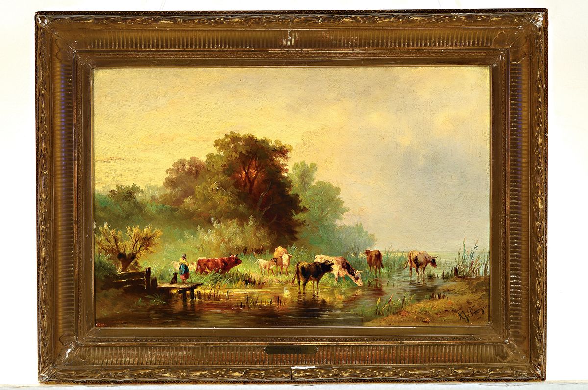 Detail k: Albert Jurardus van Prooyen, 1834 Groningen -1898 Amsterdam, 2 Pendants: Landschaften mit Kühen am Feldweg bzw. am Wasser, Öl/Holz, beide signiert, ...
