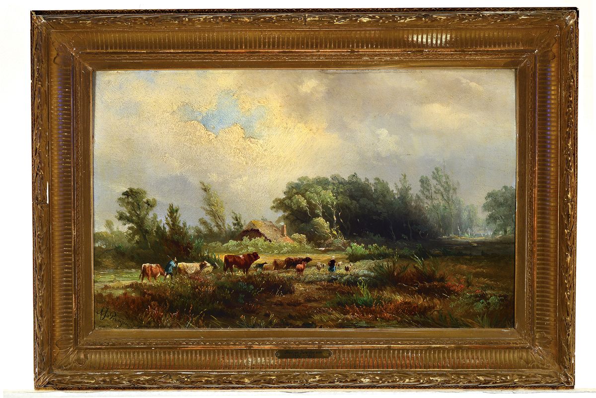 Detail m: Albert Jurardus van Prooyen, 1834 Groningen -1898 Amsterdam, 2 Pendants: Landschaften mit Kühen am Feldweg bzw. am Wasser, Öl/Holz, beide signiert, ...