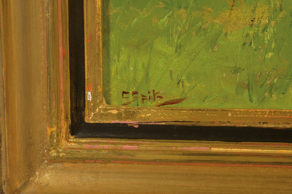Detail a: Carl Spitz, 1853 Karlsruhe-1937 Freiburg, Hügelige Wiesenlandschaft, Öl/Malkarton, links unten signiert, ca. 27x39cm, R. ca. 34.5x46.5cm