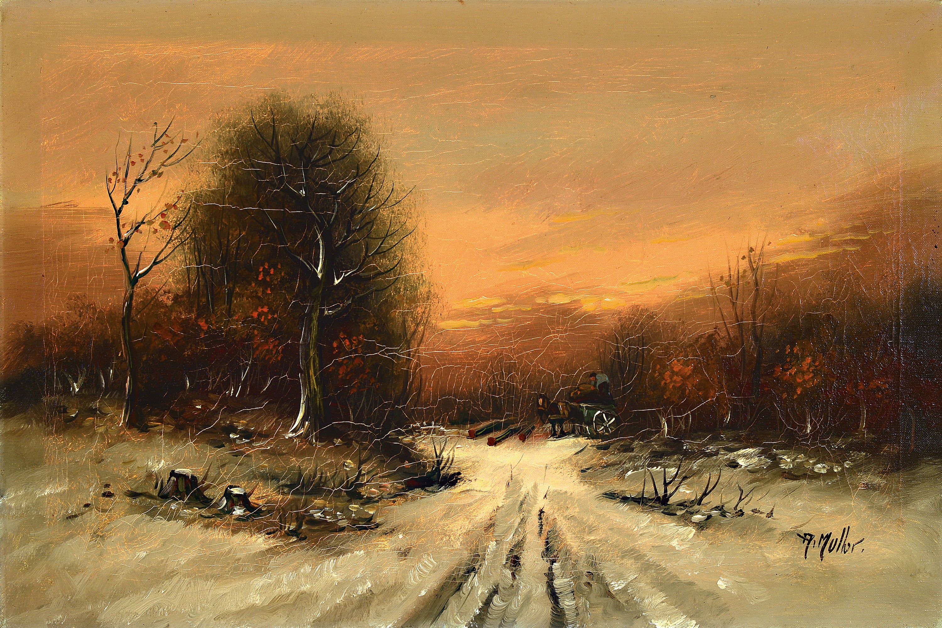 A. Muller, wohl belgischer Maler, um 1900, Sonnenaufgang über verschneitem Winterwald, Öl/LWd, rechts unten signiert, ca. 40x60cm, R. ca. 48x68cm